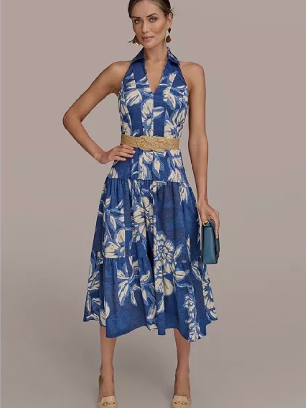 Donna Karan New York Halter Belted Floral Print Midi Dress Womens Size 4 NWT